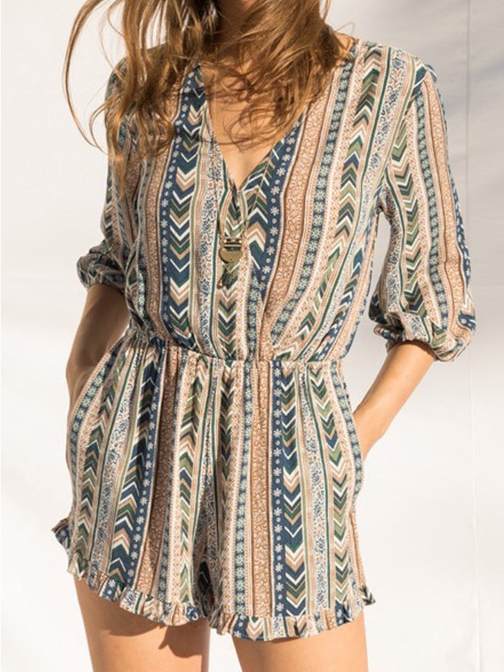 Hem & Thread Striped V-Neck Romper in Blue, Tan & Cream